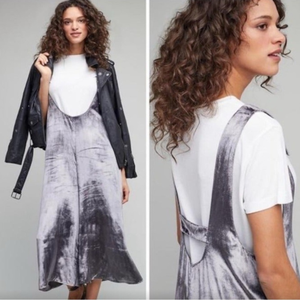 Anthropologie Maeve Shiny Grey Velvet Jumpsuit